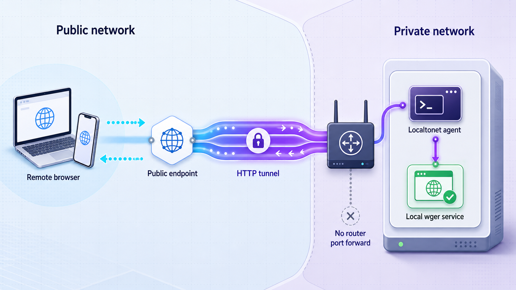 Remote browser traffic passing through a Localtonet HTTP tunnel to a local wger service.