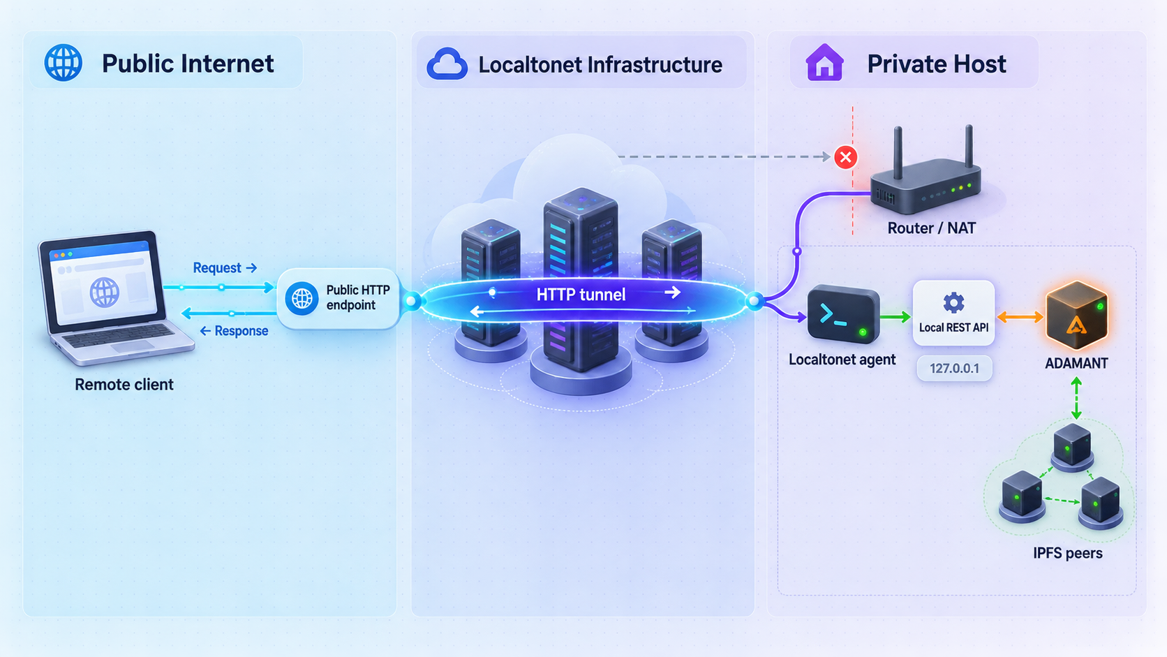 HTTP traffic travels from a public endpoint through Localtonet to the ADAMANT REST API on localhost.