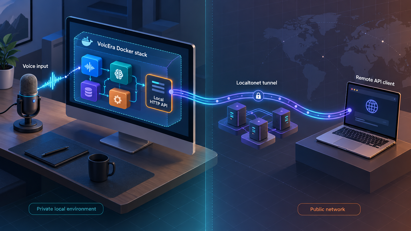 VoicEra running in Docker on a local workstation and connected to a remote API client through a Localtonet tunnel.