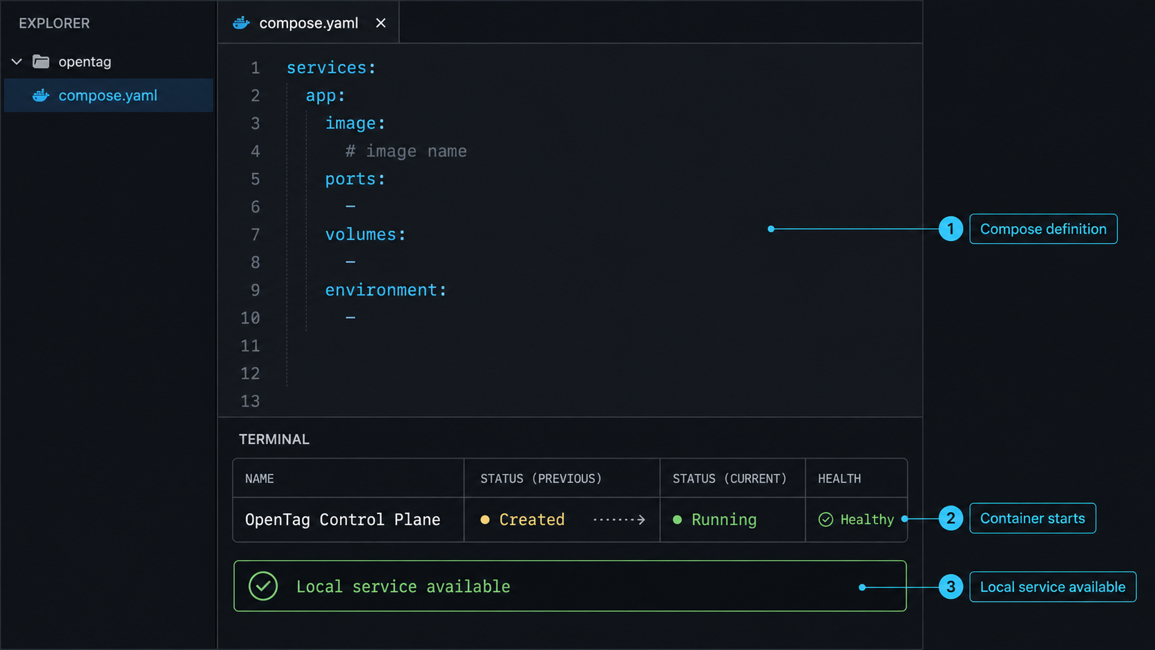 Compose file, running OpenTag container, and local service verification shown in a desktop development view.