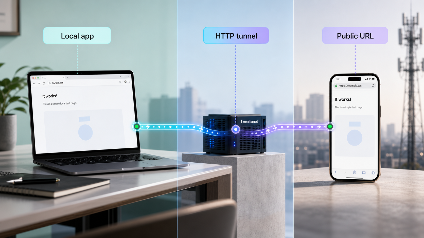 A local web application connects through an HTTP tunnel to a public URL opened on a remote phone.