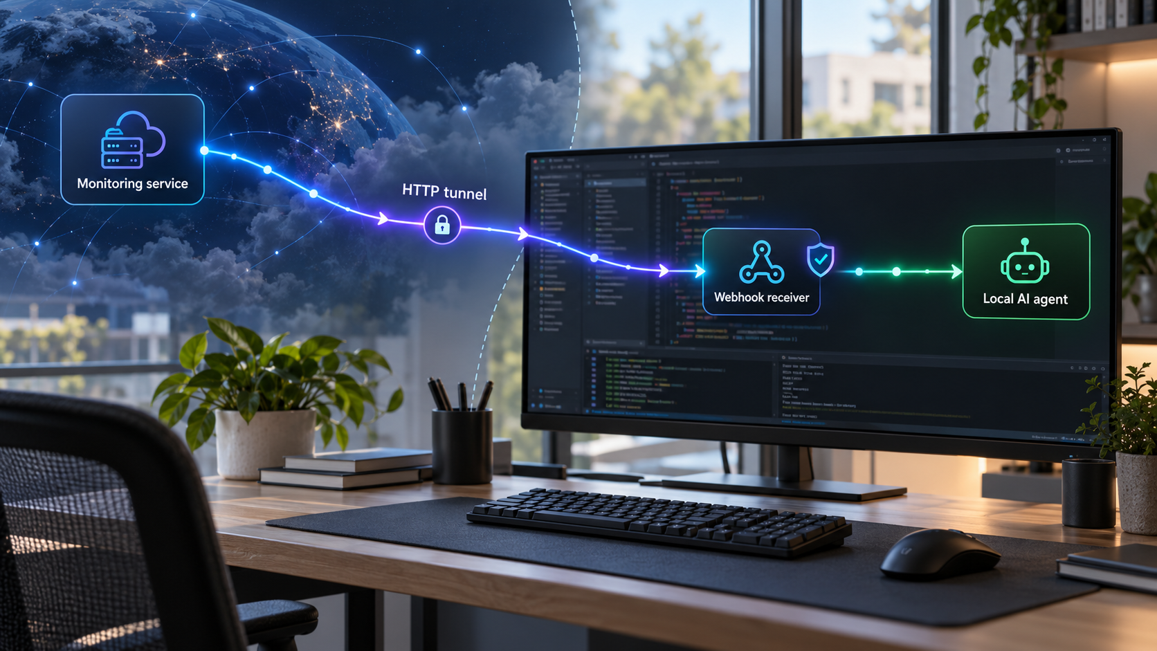 Production monitoring webhook routed through an HTTP tunnel to a secured receiver and AI agent on a local workstation.