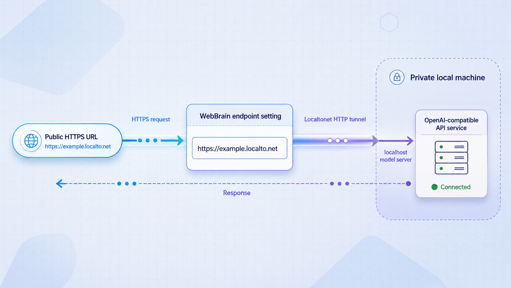 The Localtonet public URL is mapped to WebBrain and routed to the local model server.