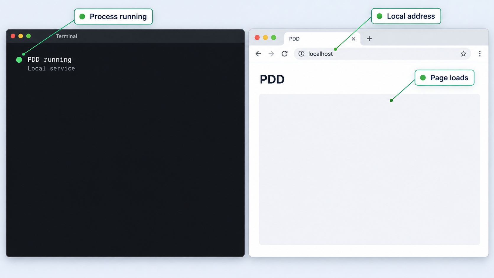 Terminal and browser checks confirming that the PDD web interface works on localhost.