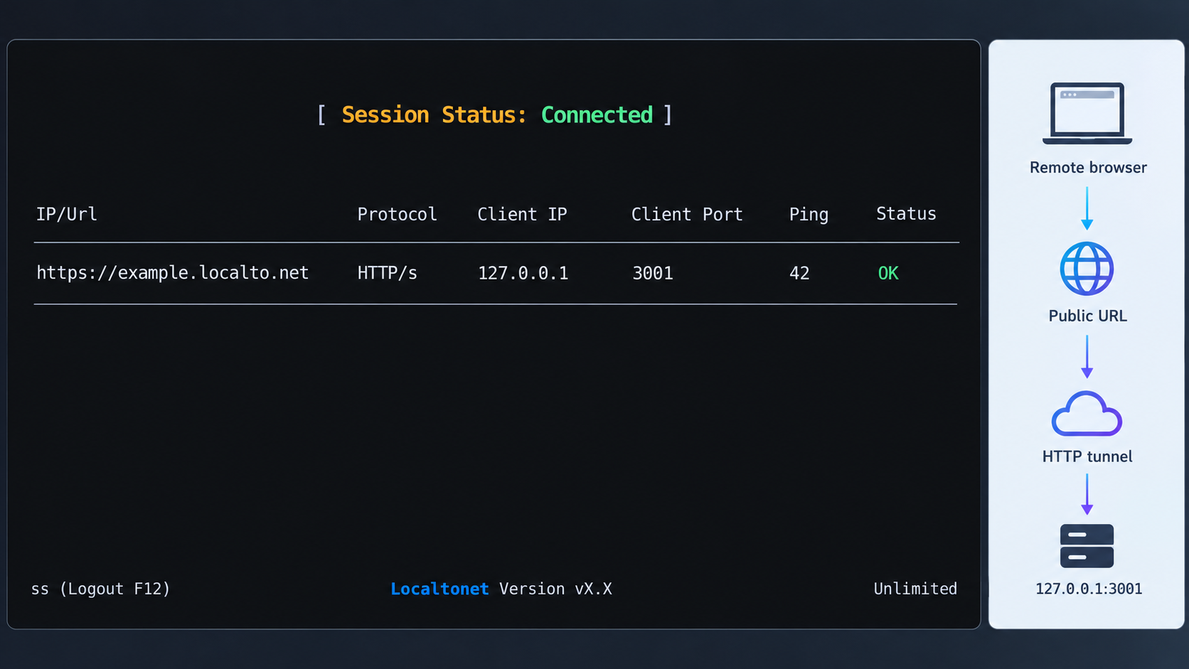 Connected Localtonet console forwarding an HTTP endpoint to 127.0.0.1 on port 3001.