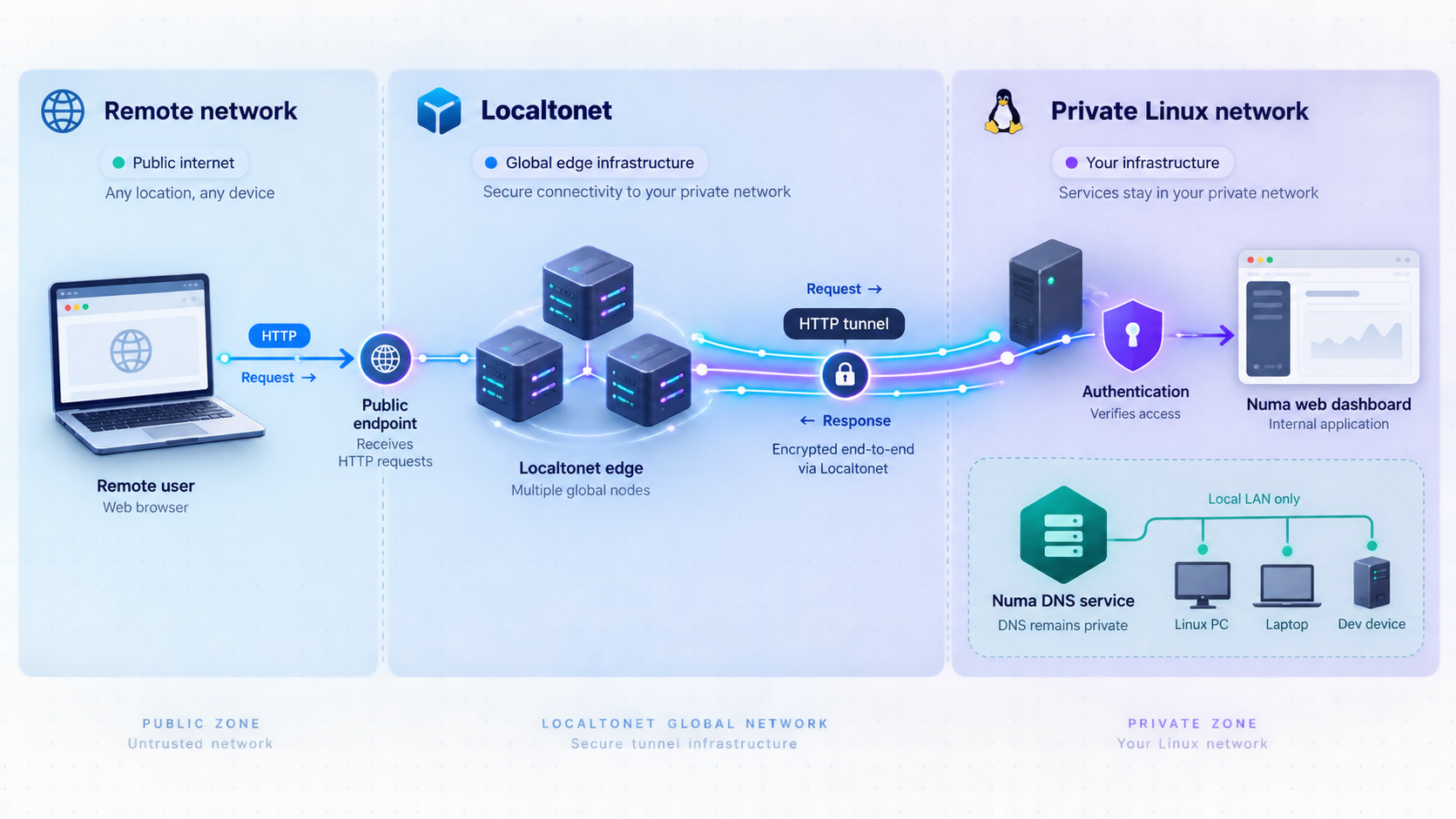 Remote browser reaching the Numa dashboard through a Localtonet HTTP tunnel while DNS remains private.