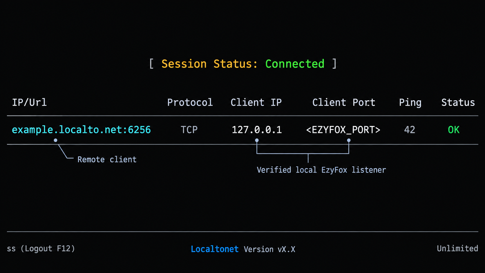 Localtonet console showing a connected TCP tunnel forwarding to the EzyFox listener on localhost.