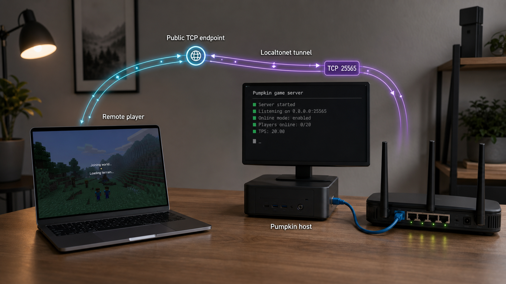 Remote Java Edition player connecting through a Localtonet TCP tunnel to a Pumpkin server host.