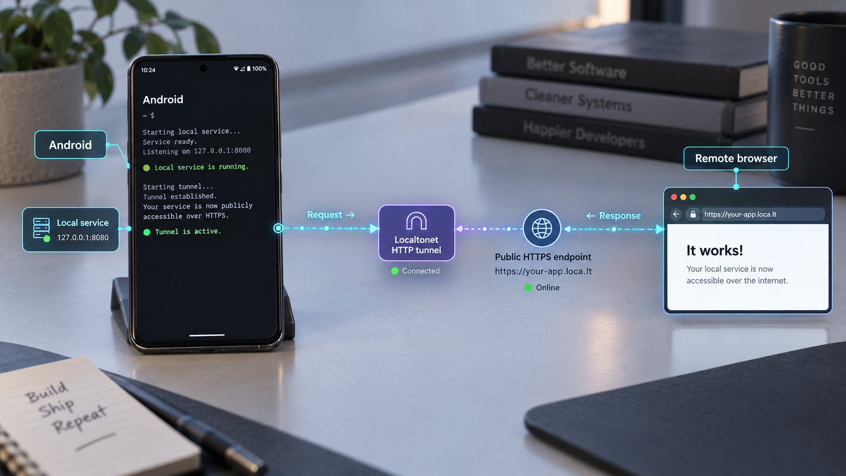 Android phone hosting a local web server connected through a Localtonet tunnel to a remote HTTPS browser.