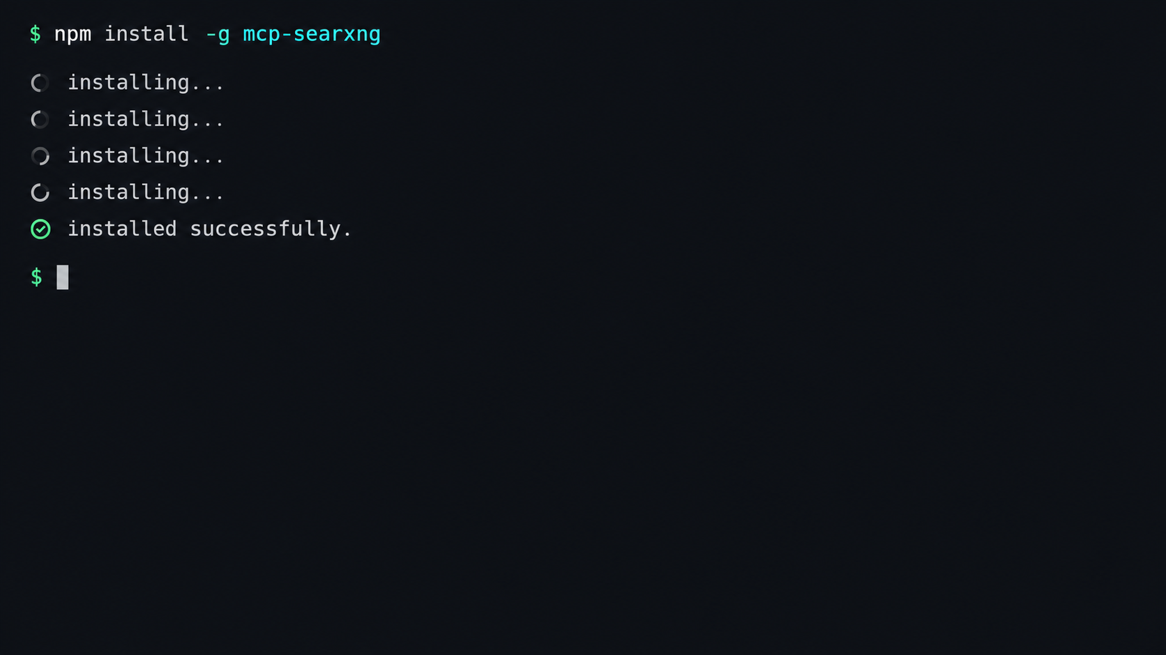 Terminal installing mcp-searxng globally with npm.