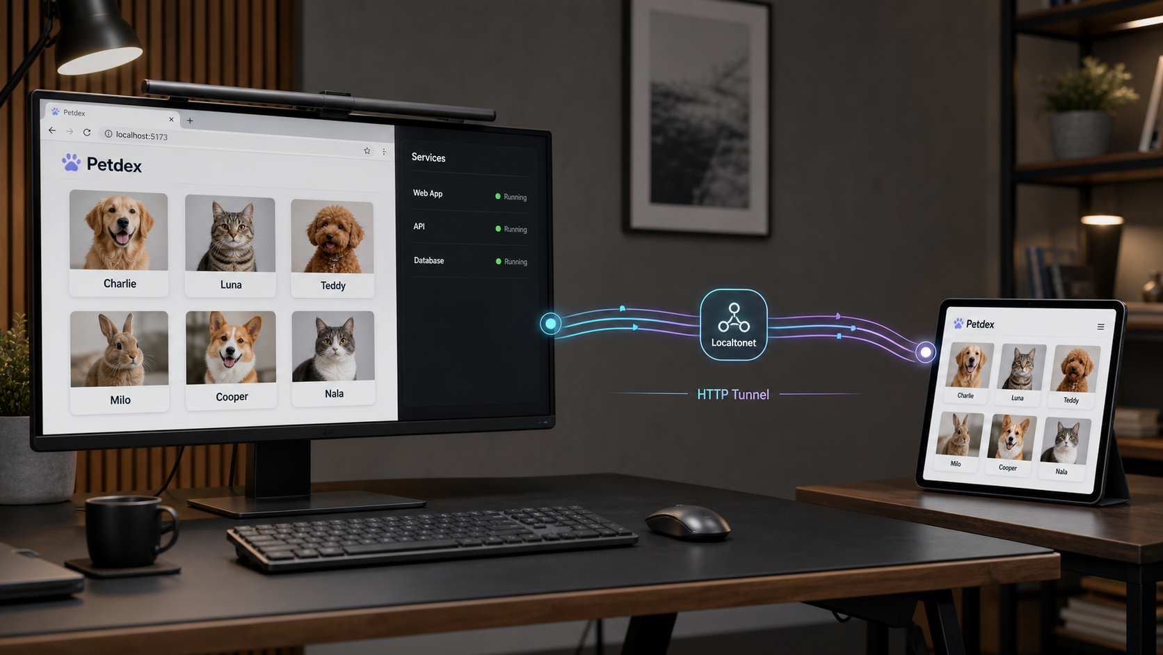 Petdex running locally and shared to a remote browser through a Localtonet HTTP tunnel.