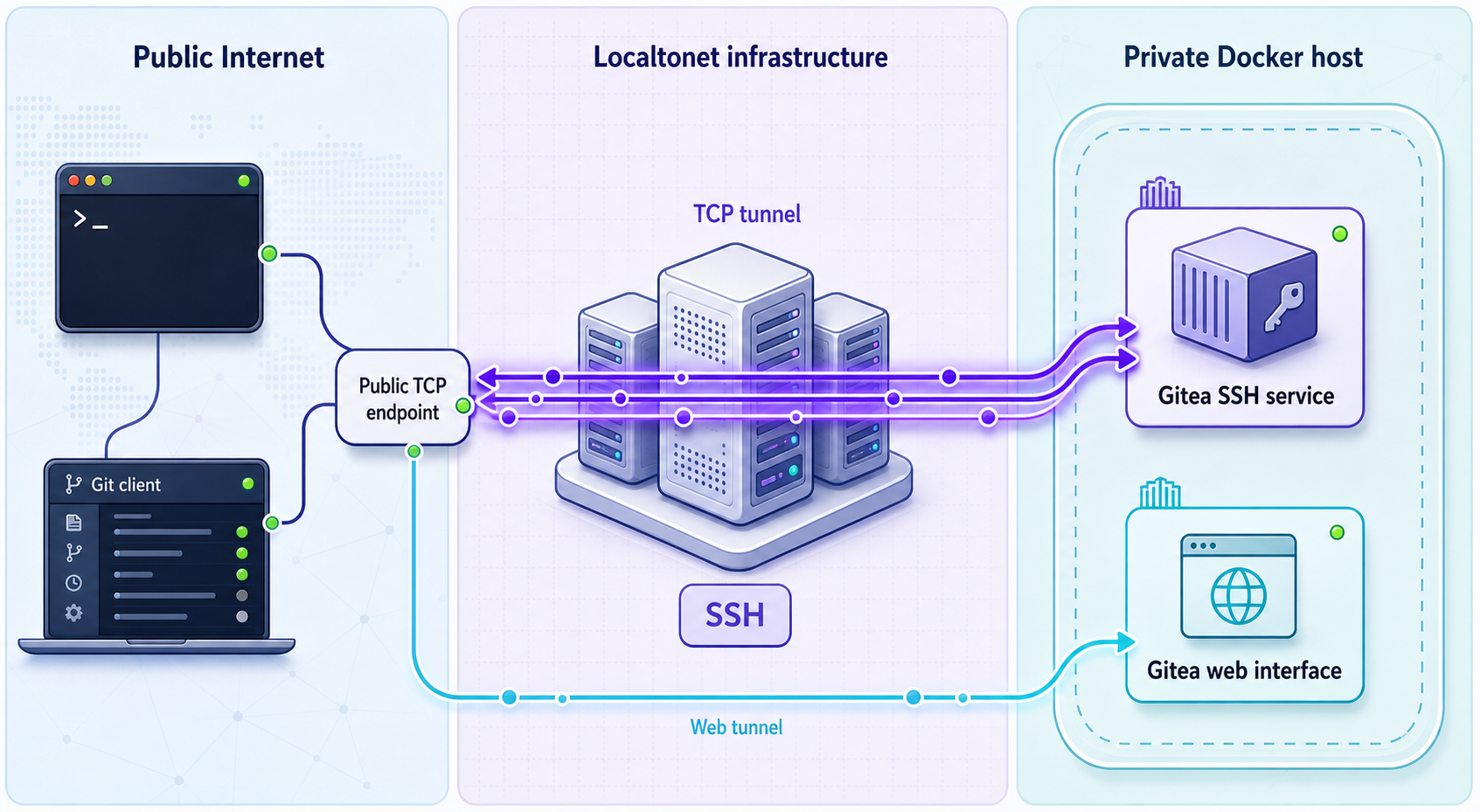 Git SSH traffic reaching Gitea through a separate public TCP tunnel.