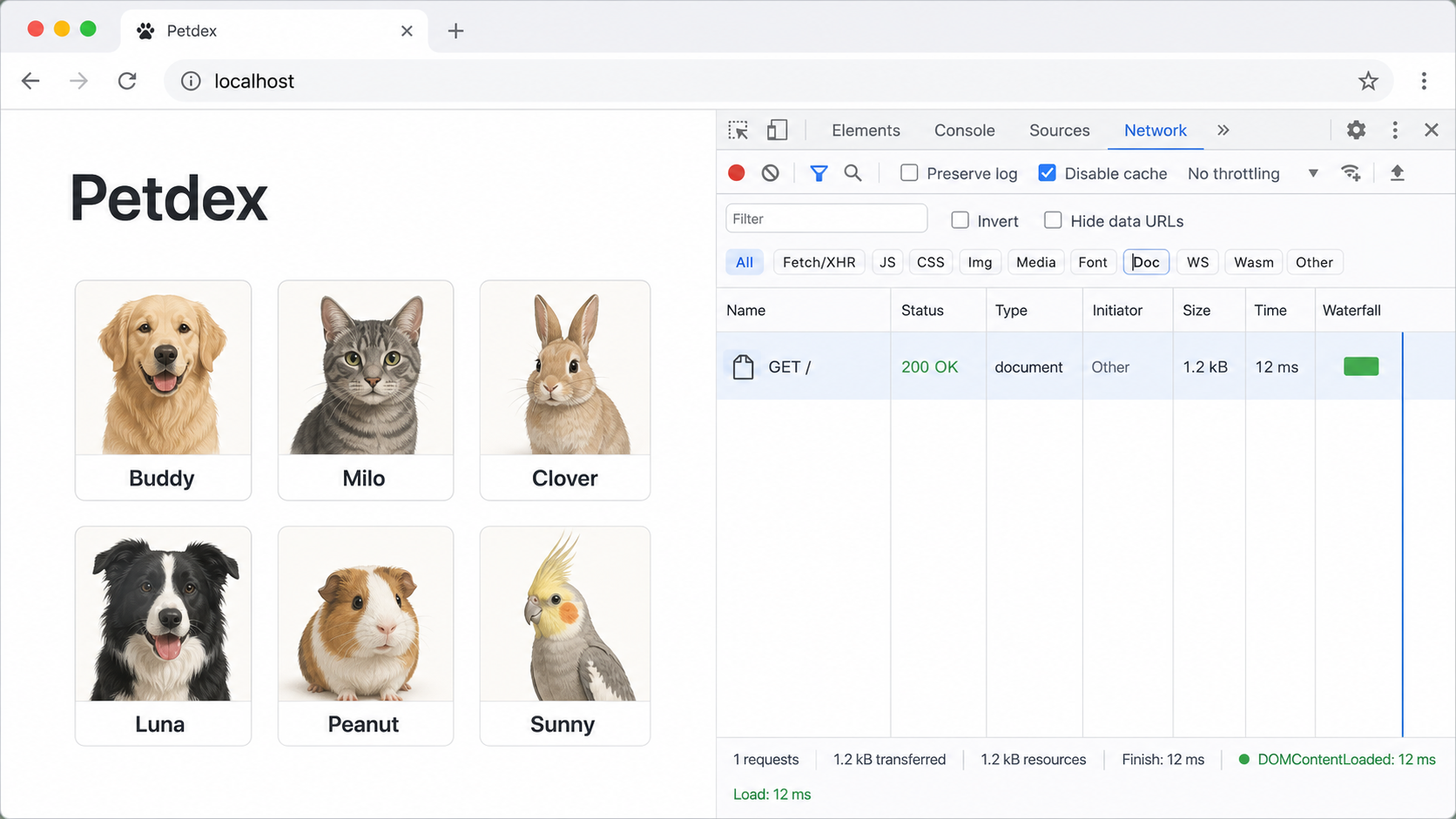 Petdex loaded from localhost with a successful 200 OK browser request.