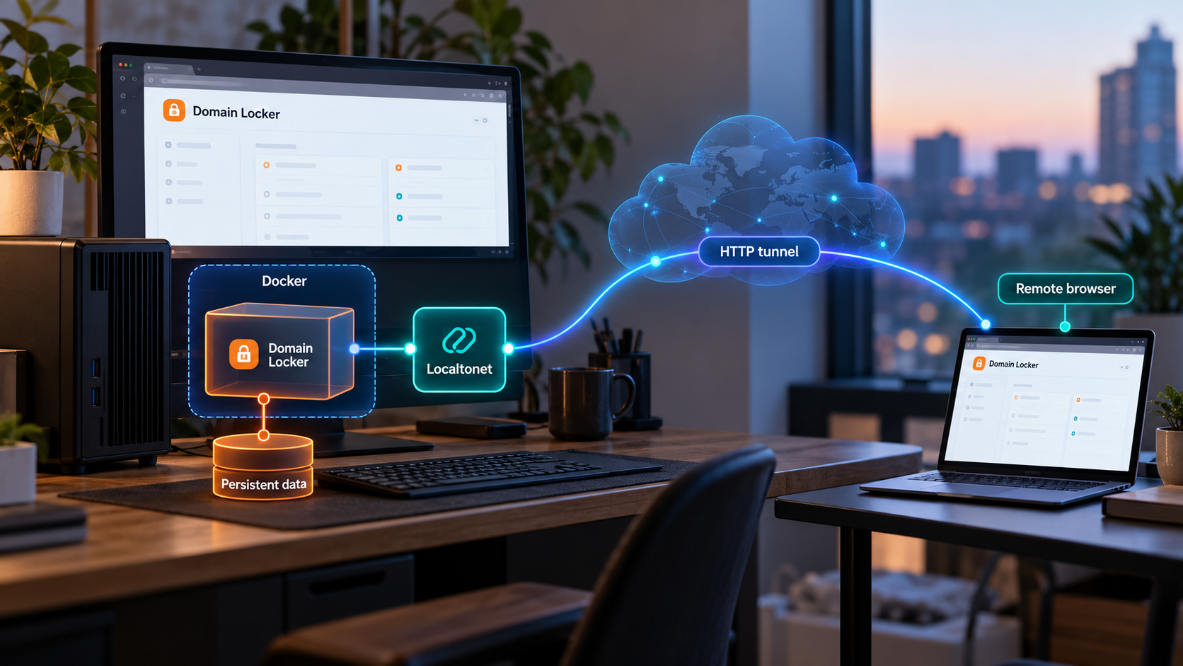 Domain Locker running in Docker with persistent storage and remote access through Localtonet.