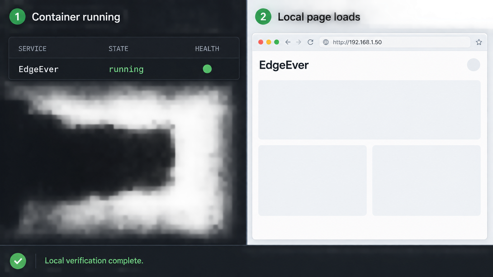 A running EdgeEver container beside its web interface loading through the local network.
