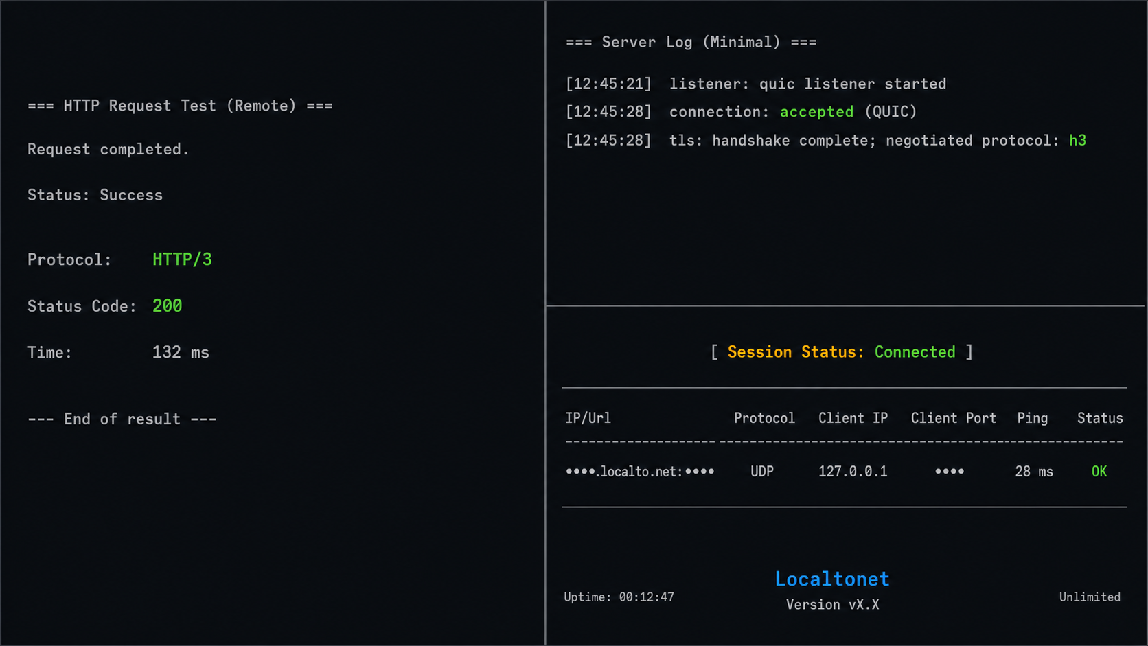 Remote response, QUIC server log, and UDP tunnel status confirming HTTP/3.