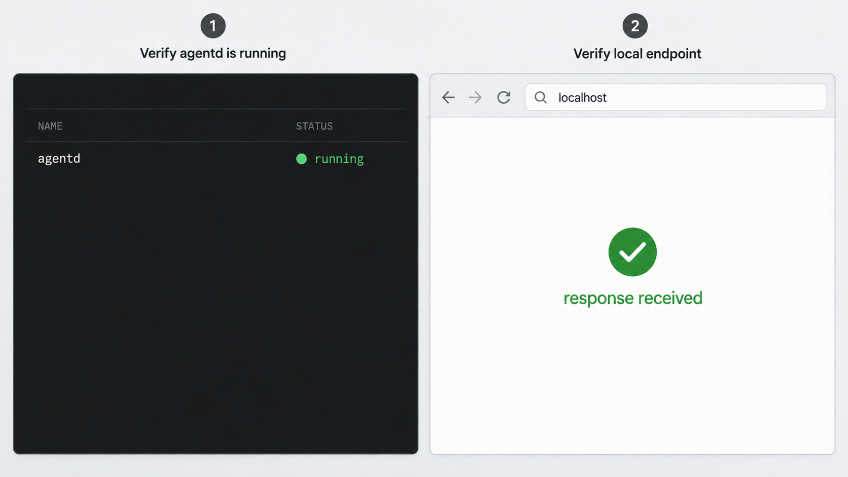 Host screen confirming that agentd is running and responds to a local request.