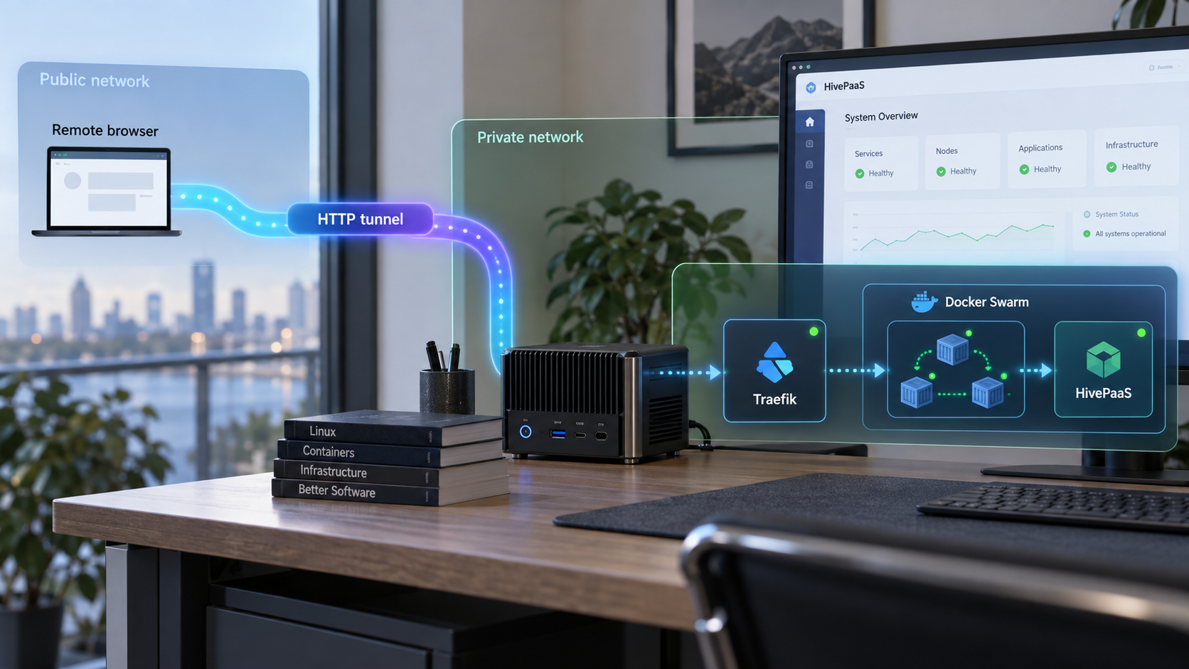 Remote browser traffic reaching HivePaaS through Localtonet, Traefik, and Docker Swarm.