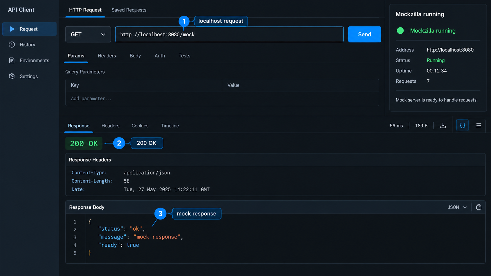 A localhost request returns a 200 OK mock response from Mockzilla.