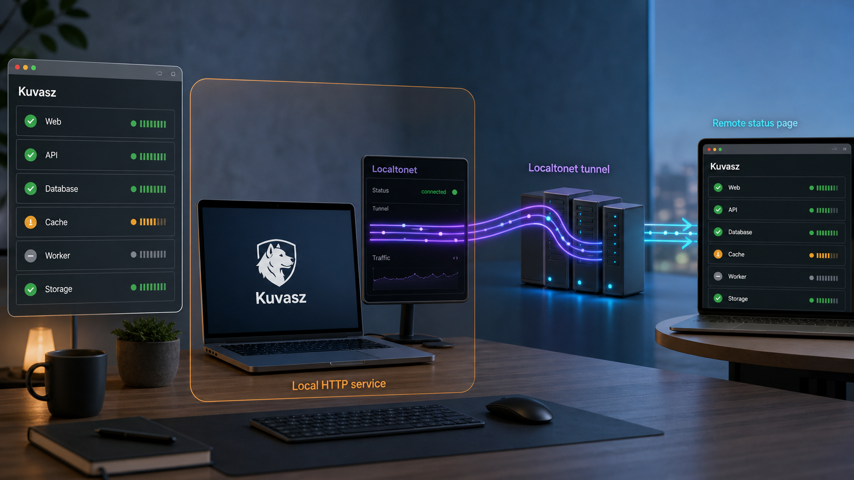 Kuvasz runs on a local host while Localtonet carries HTTP traffic to a remote status page.