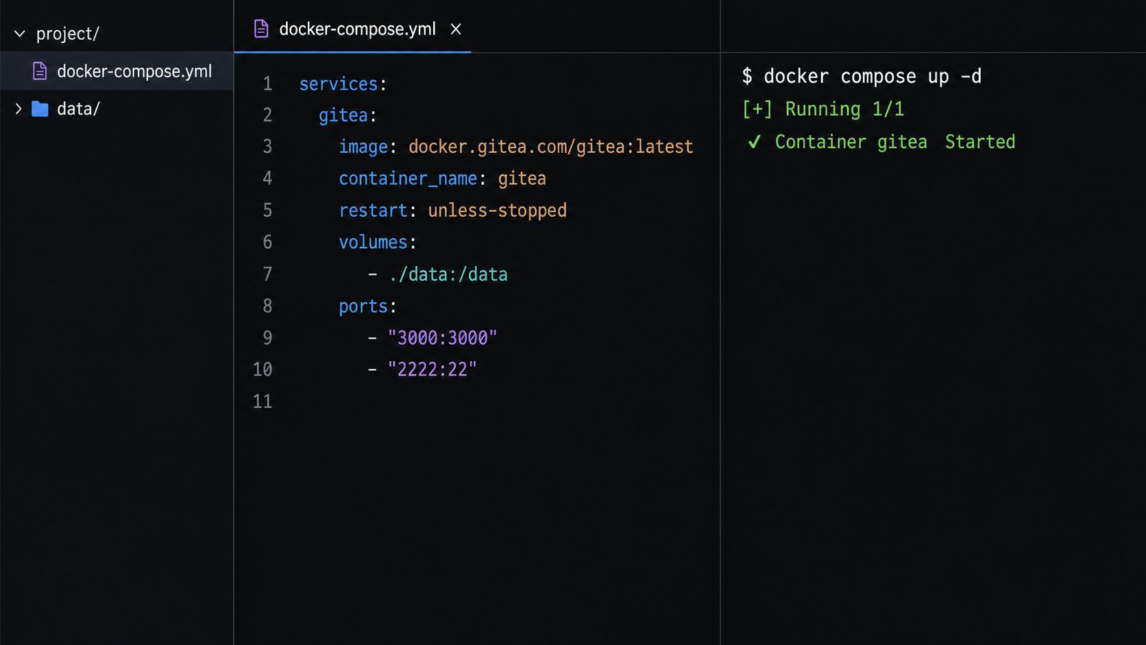Docker Compose file and terminal starting a Gitea container with persistent storage.