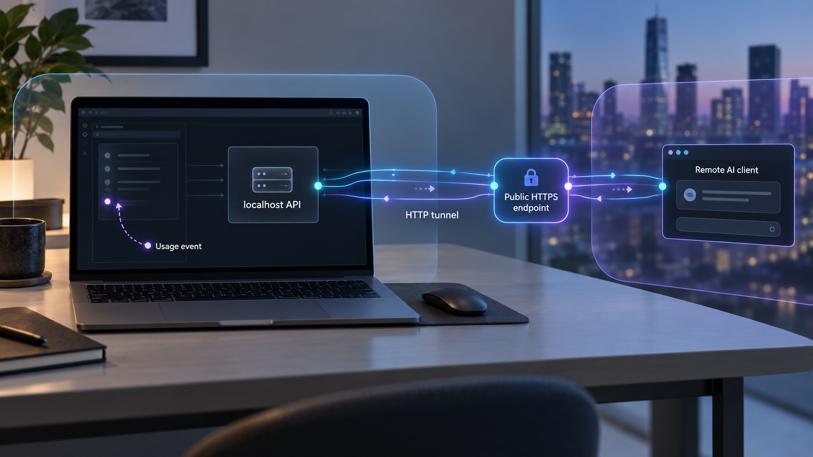 Remote AI client reaching an authenticated metered API on localhost through an HTTP tunnel.