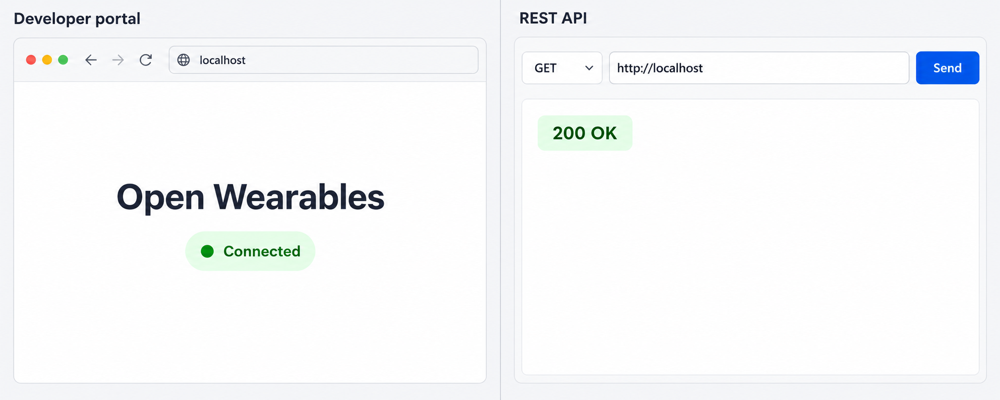 Local verification using the Open Wearables developer portal and a REST API response with status 200.