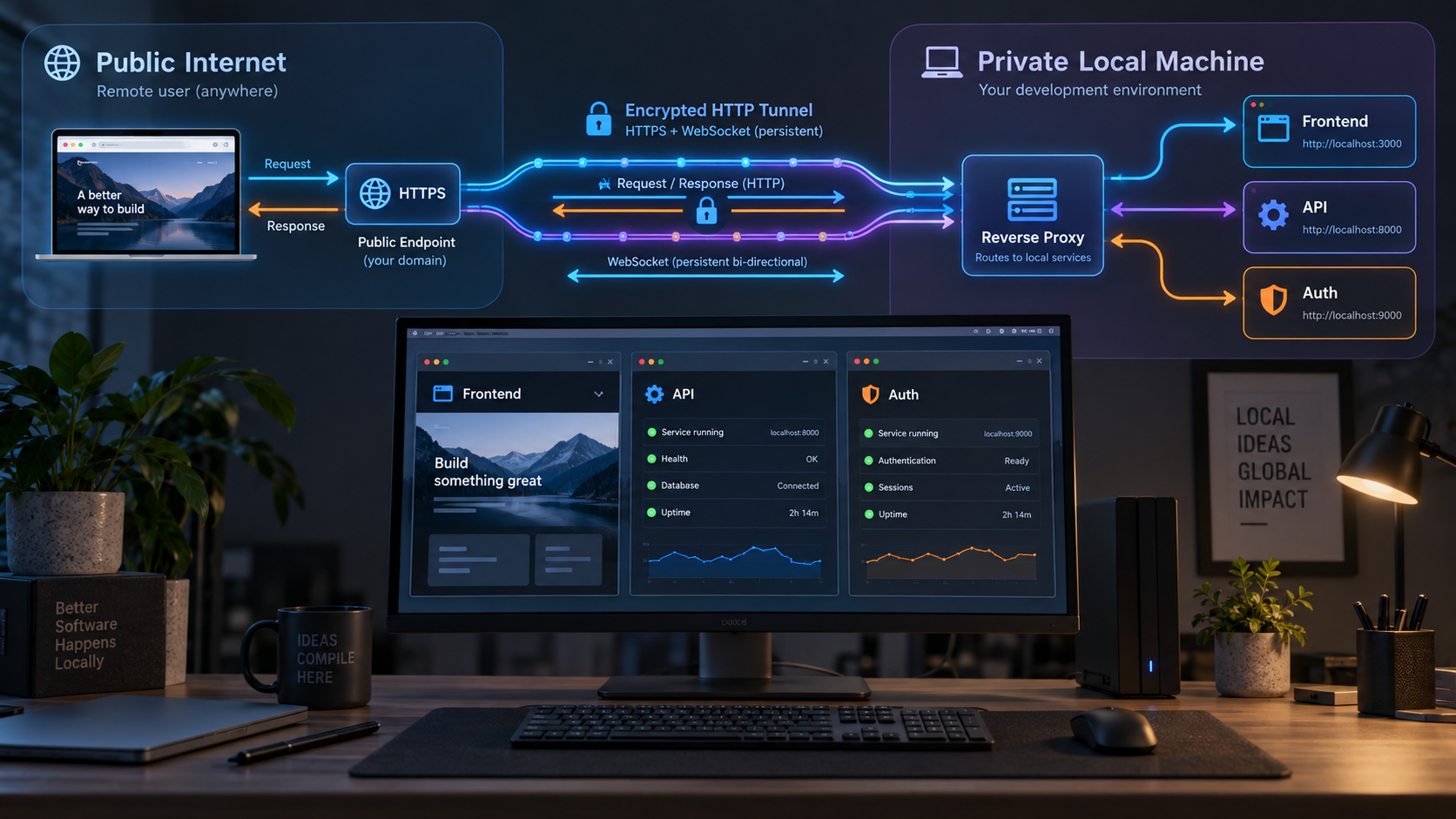 Public HTTPS traffic reaches frontend, API, and auth services through a tunnel and local reverse proxy.