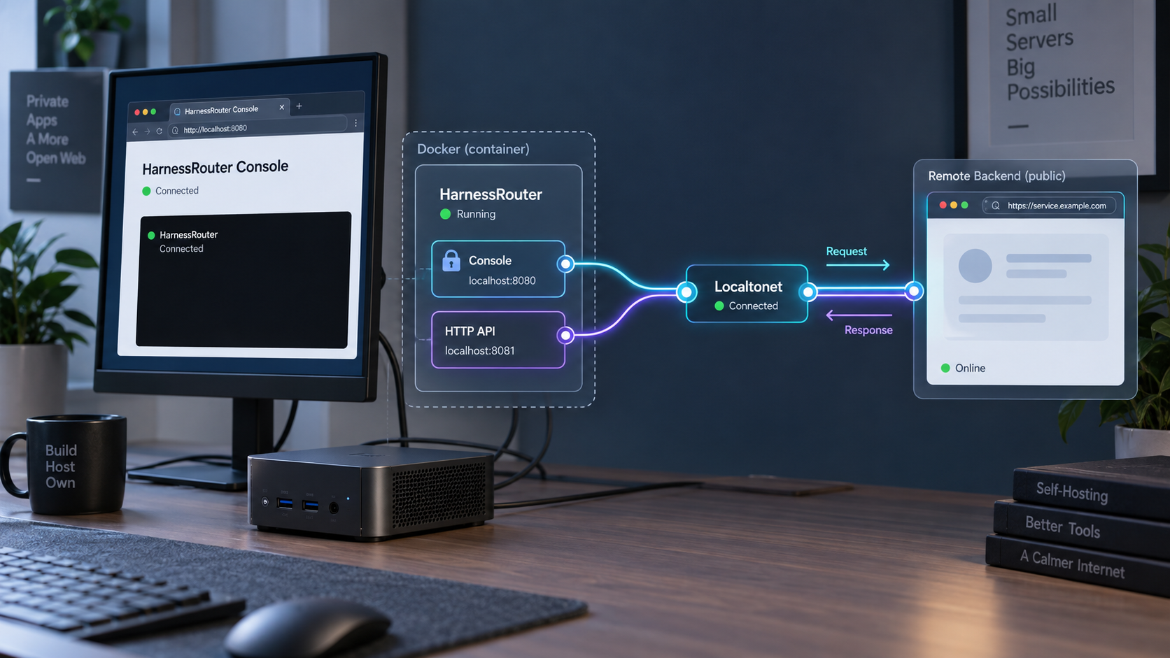 Self-hosted HarnessRouter in Docker connected to a remote backend through Localtonet.