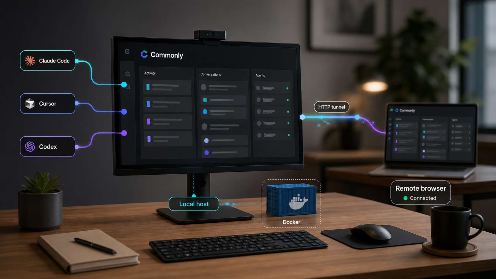 Self-hosted Commonly workspace connecting Claude Code, Cursor, Codex, and a remote browser.