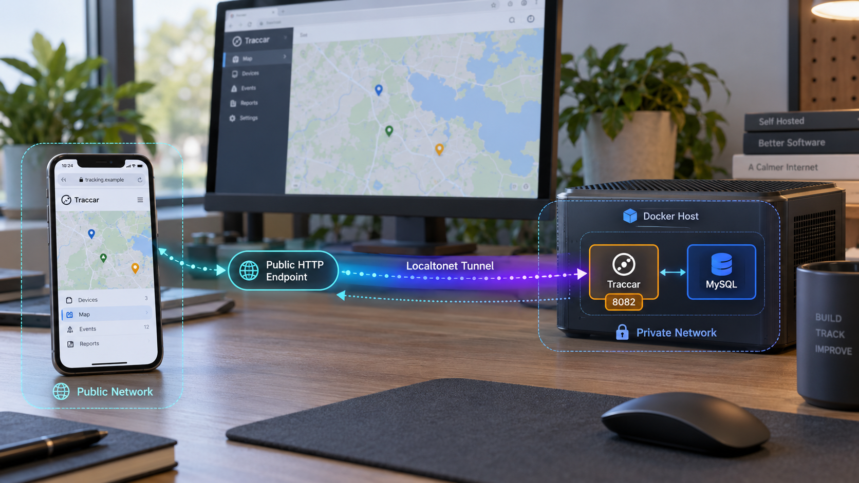 Remote client reaching a Docker-hosted Traccar service through a Localtonet tunnel.