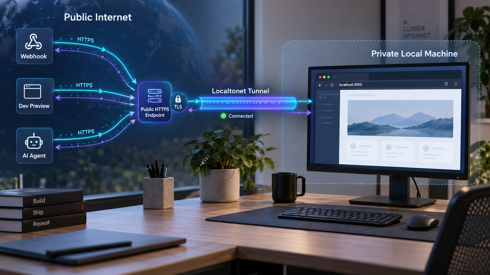 Webhook, browser, and AI agent requests reach a local app through one stable HTTPS endpoint and tunnel.