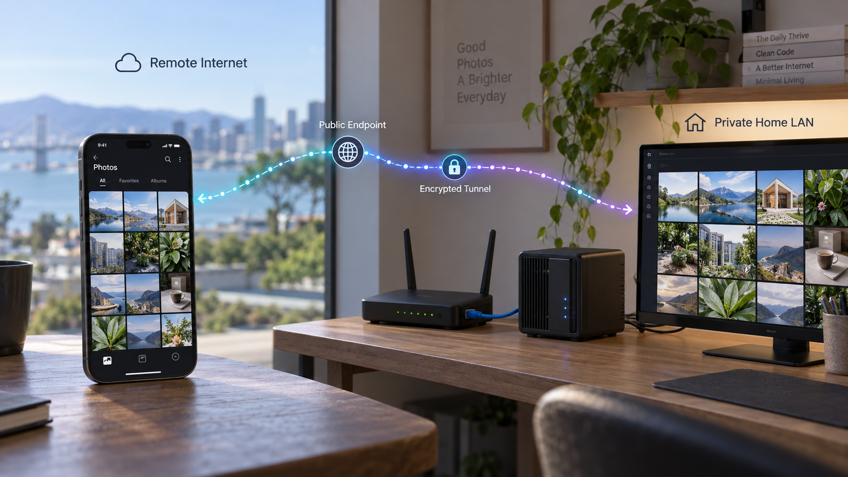A remote phone reaches an Immich library on a home server through a secure tunnel.