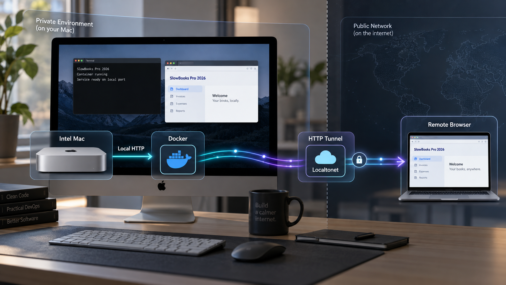 Intel Mac hosting SlowBooks Pro in Docker with a Localtonet tunnel to a remote browser.