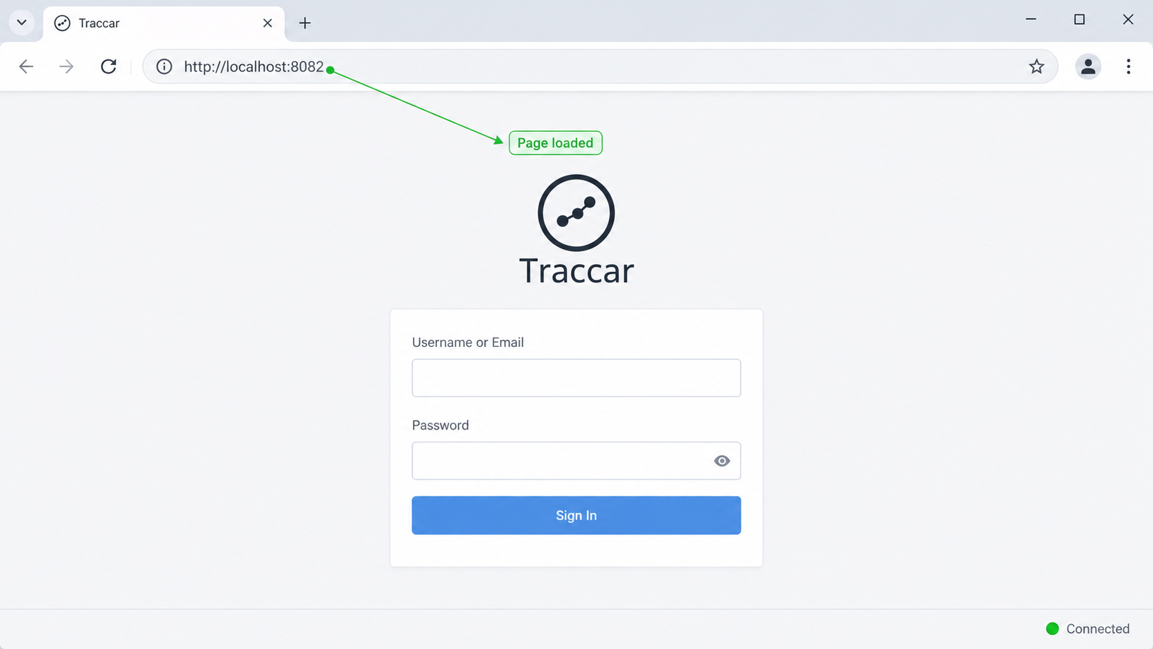 Traccar sign-in page loaded locally at localhost port 8082.