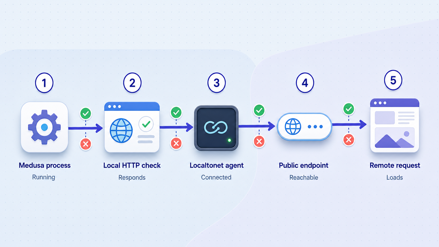 Five checkpoints for locating a failure between Medusa and a remote browser.
