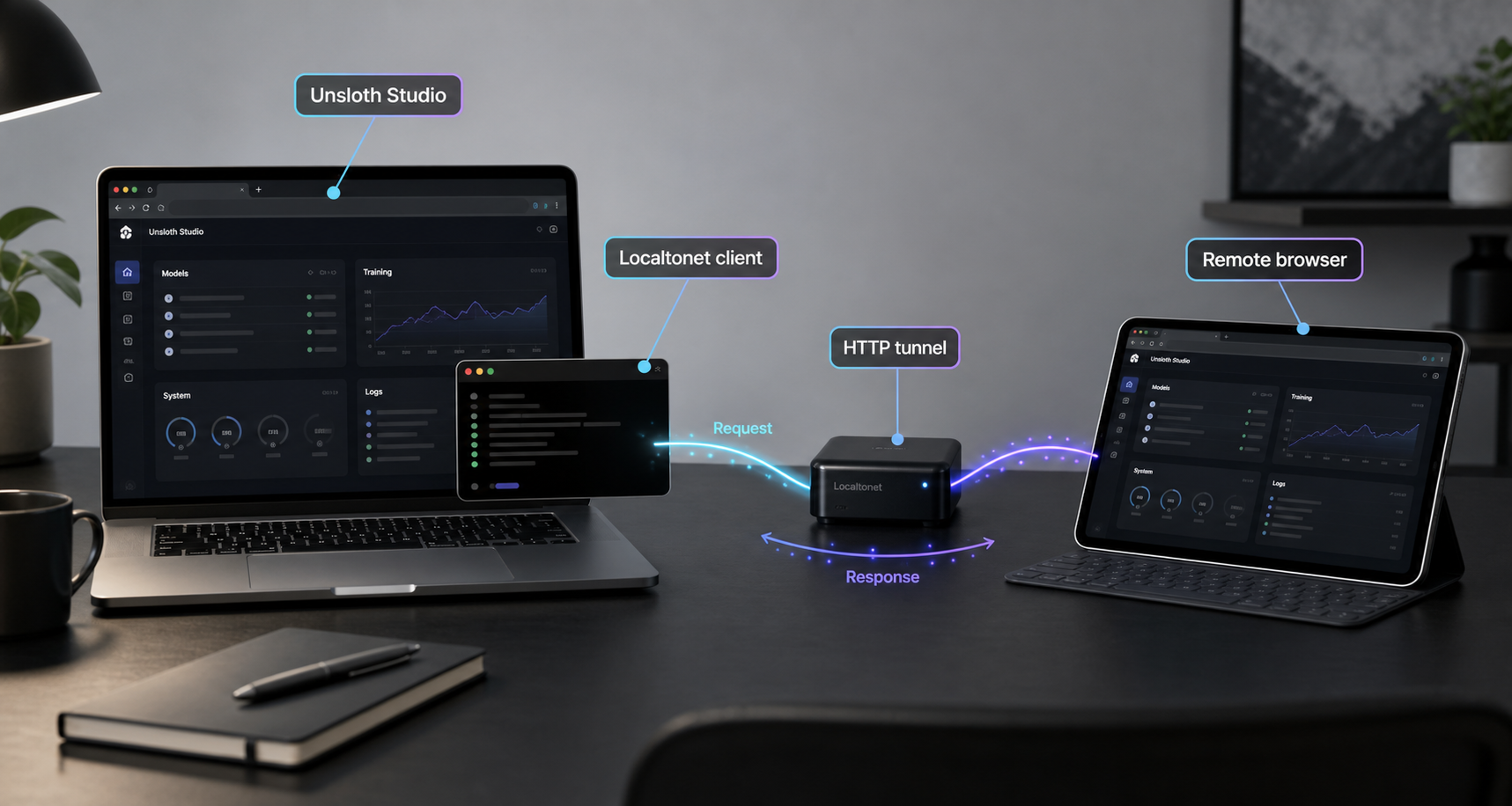 Unsloth Studio on a local workstation connected through a Localtonet HTTP tunnel to a remote browser.