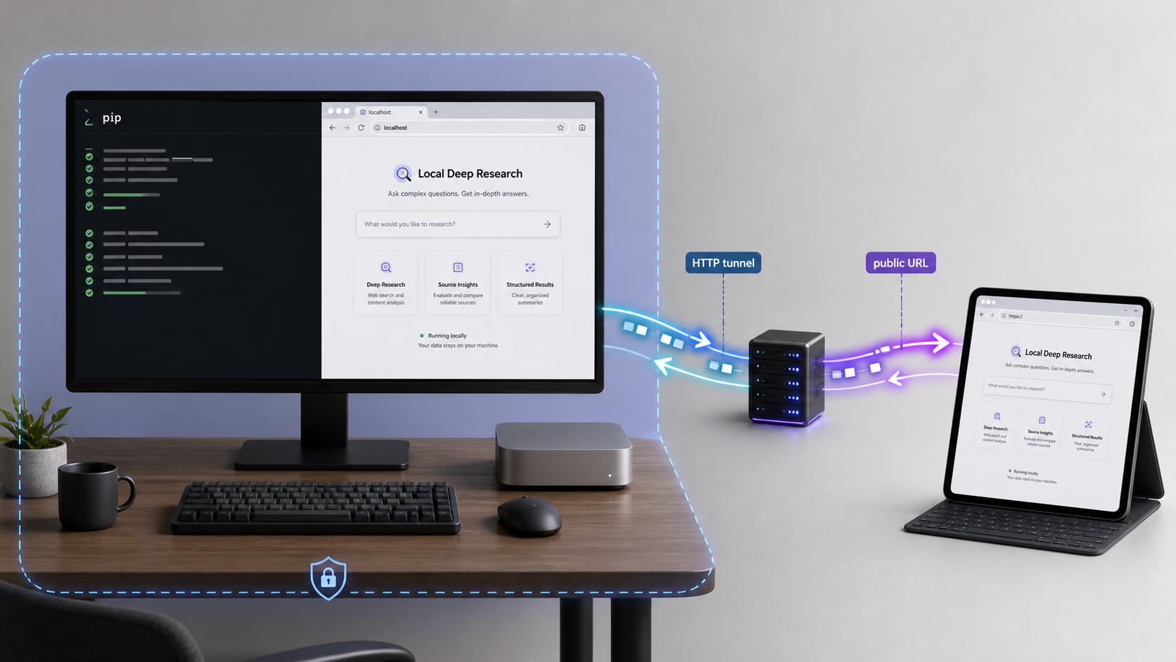 Local Deep Research running on localhost and connected to a remote browser through a Localtonet HTTP tunnel.