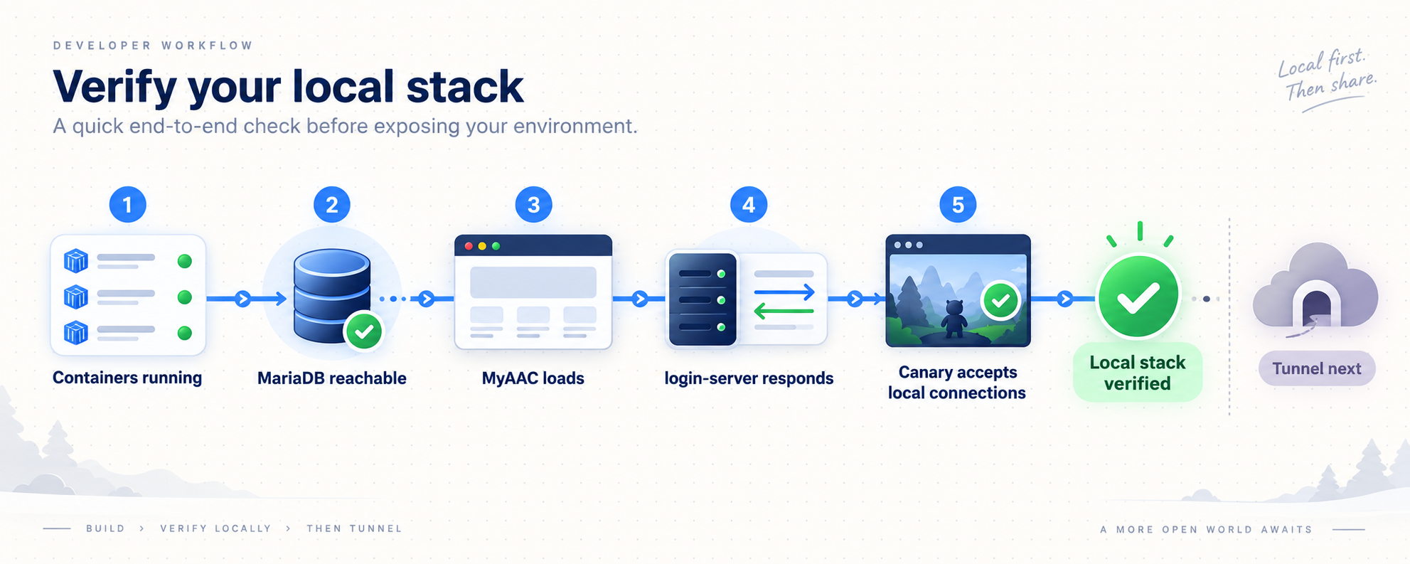 Five-step flow for checking the local Canary stack before opening a tunnel.