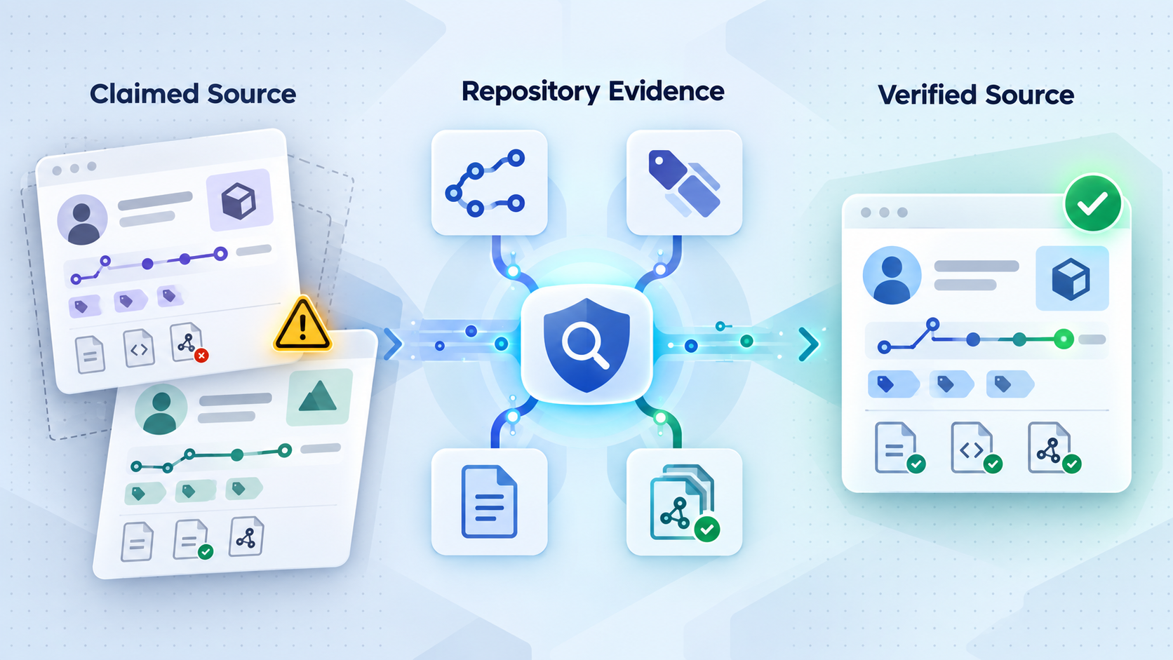 Comparison showing conflicting repository information being checked before a source is accepted.