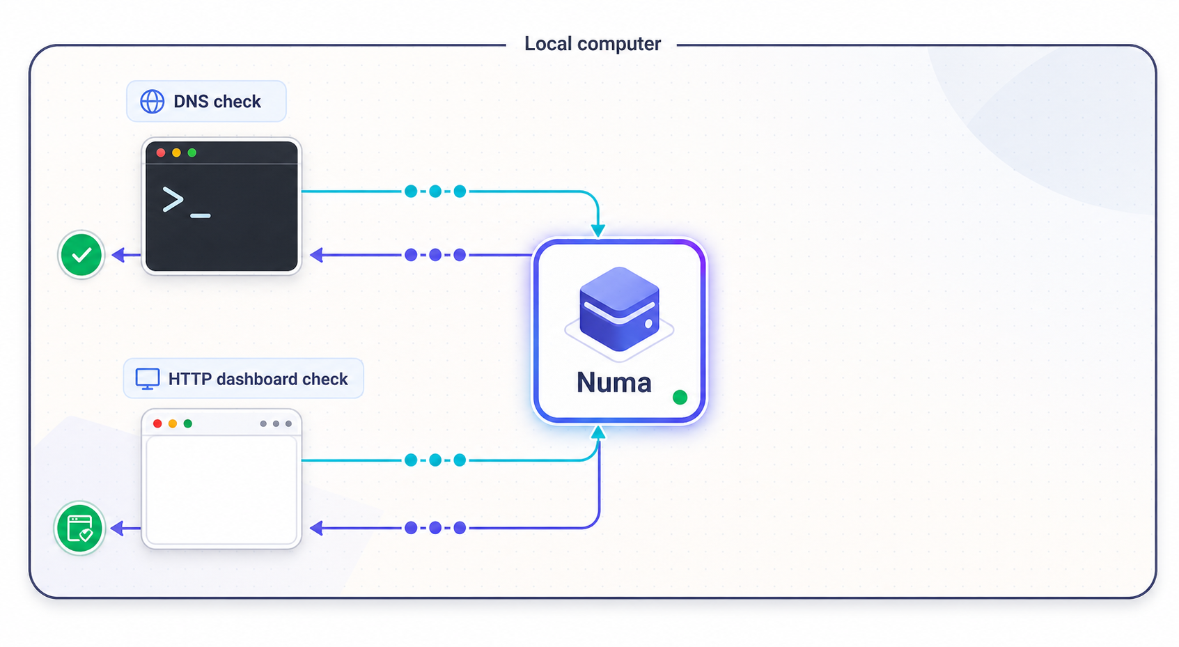 Two local checks confirm that Numa answers DNS queries and serves its HTTP dashboard.