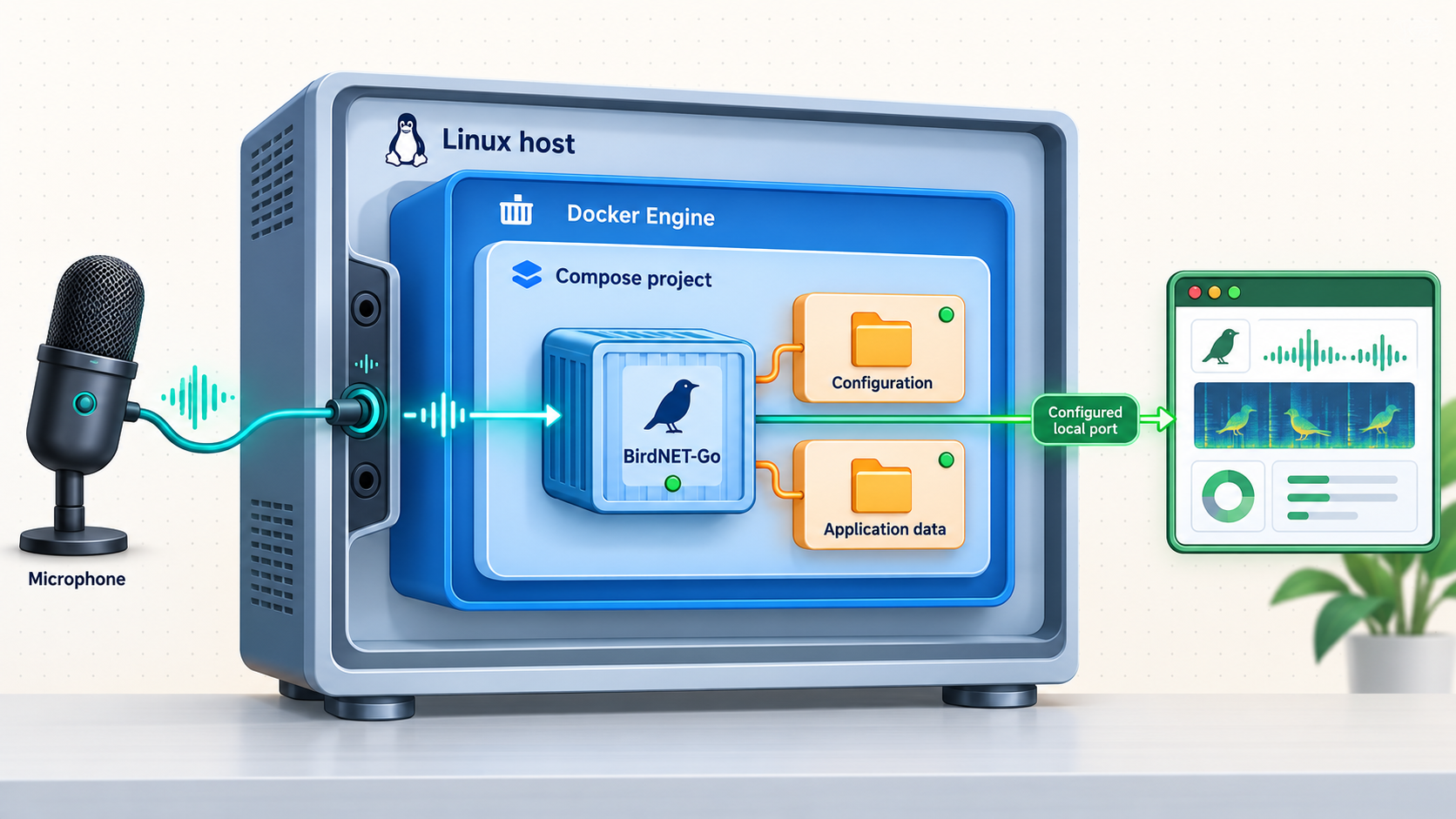 Diagram of BirdNET-Go in Docker with audio input, persistent folders, and local browser access.