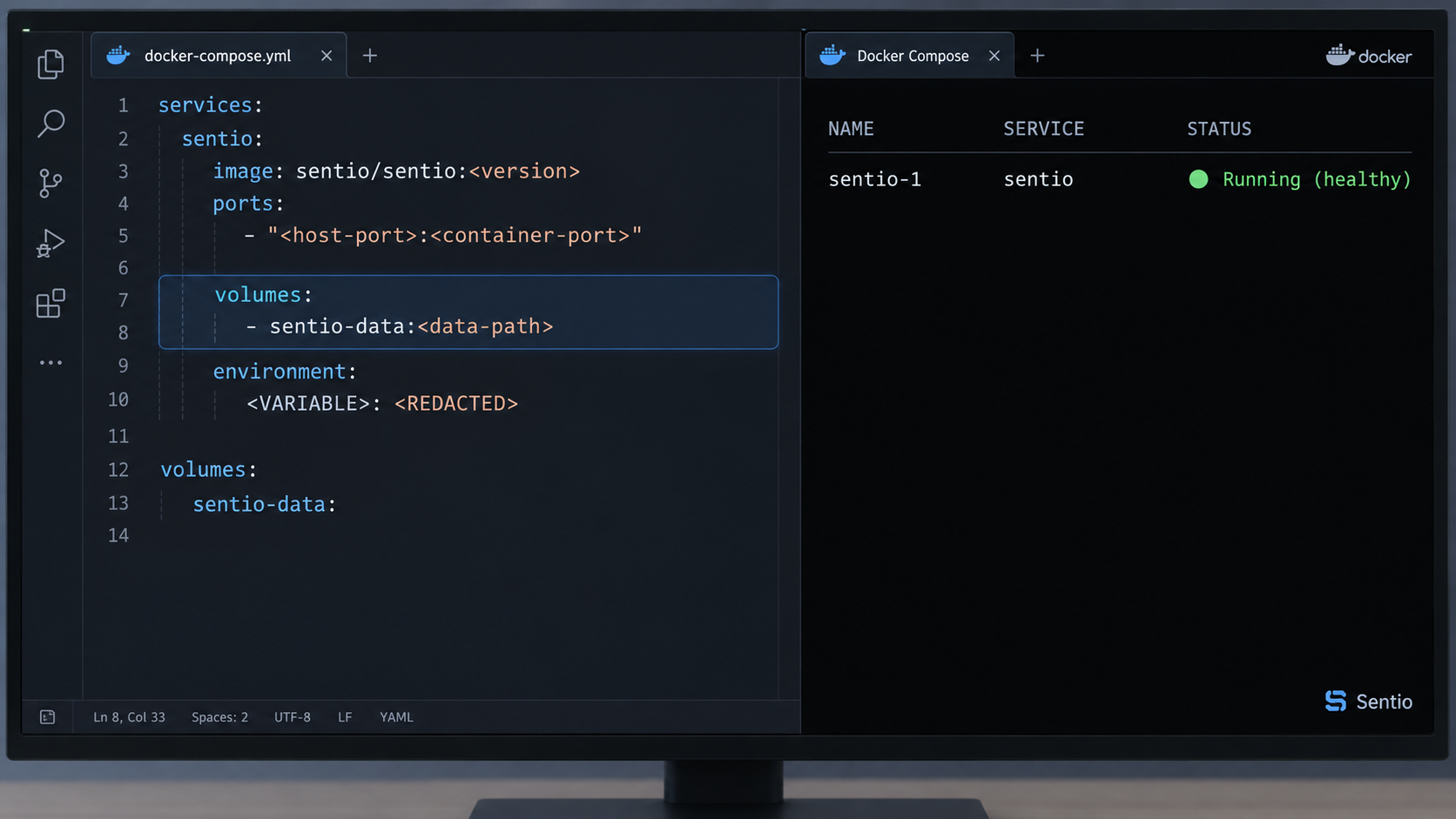 Docker Compose configuration and terminal status showing the Sentio service running.