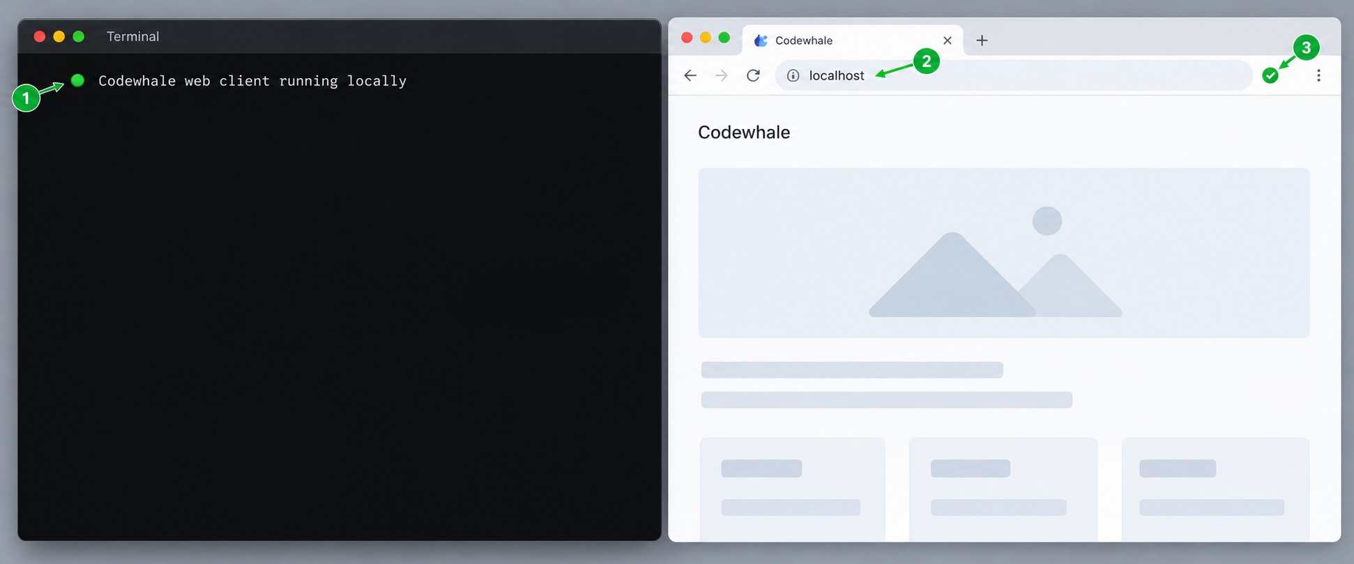 Terminal and browser checks confirming that the Codewhale web client is running on localhost.