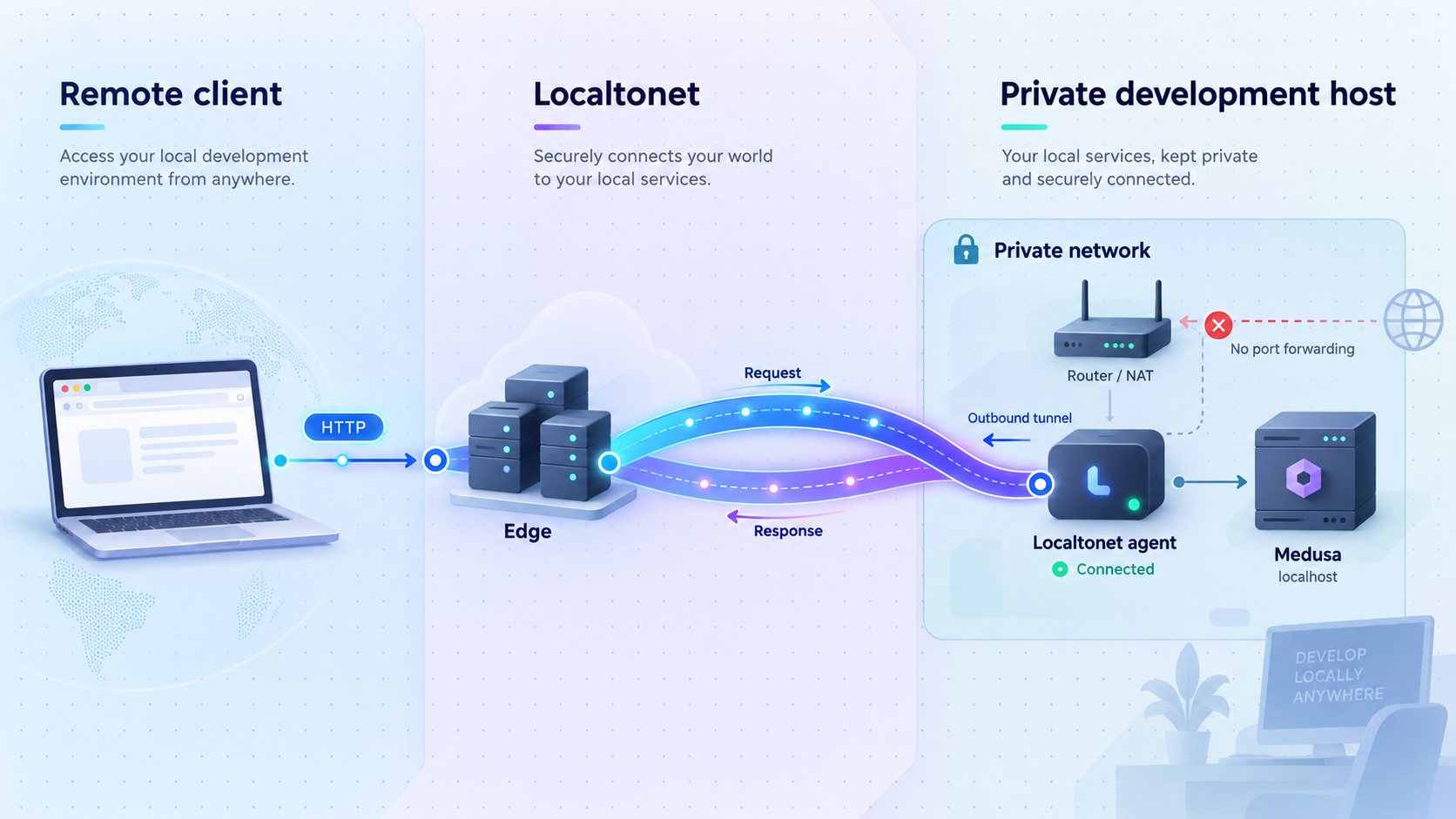 Remote HTTP traffic passing through Localtonet to a Medusa service on a private development host.