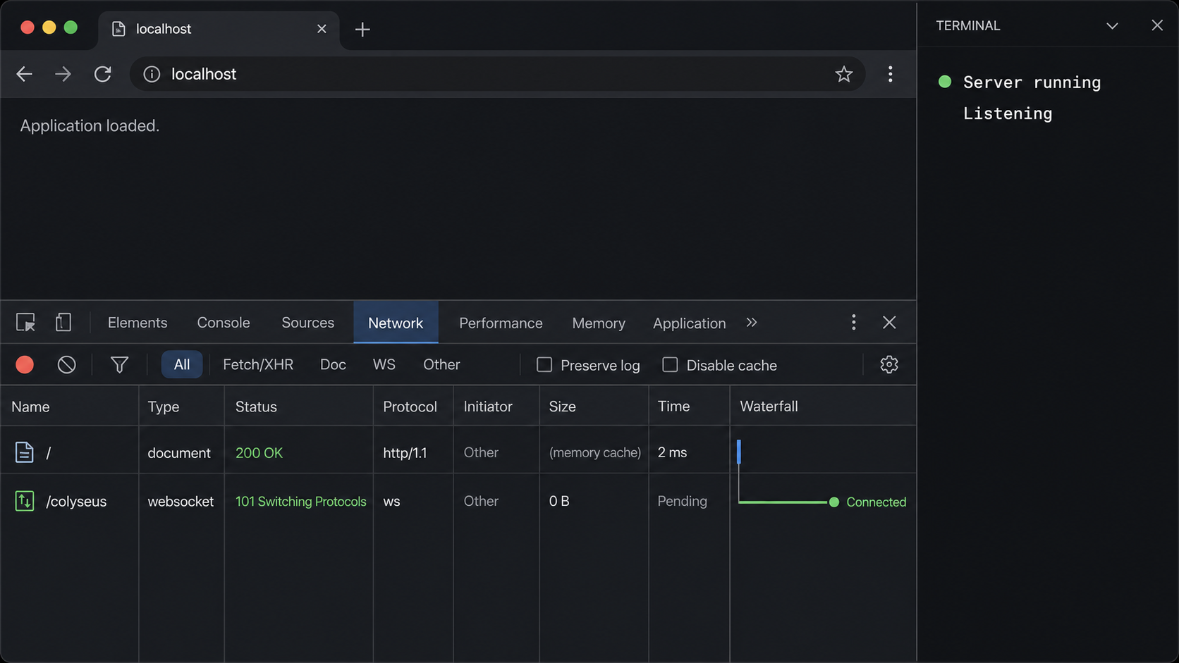 Browser developer tools show successful local HTTP and WebSocket connections to Colyseus.