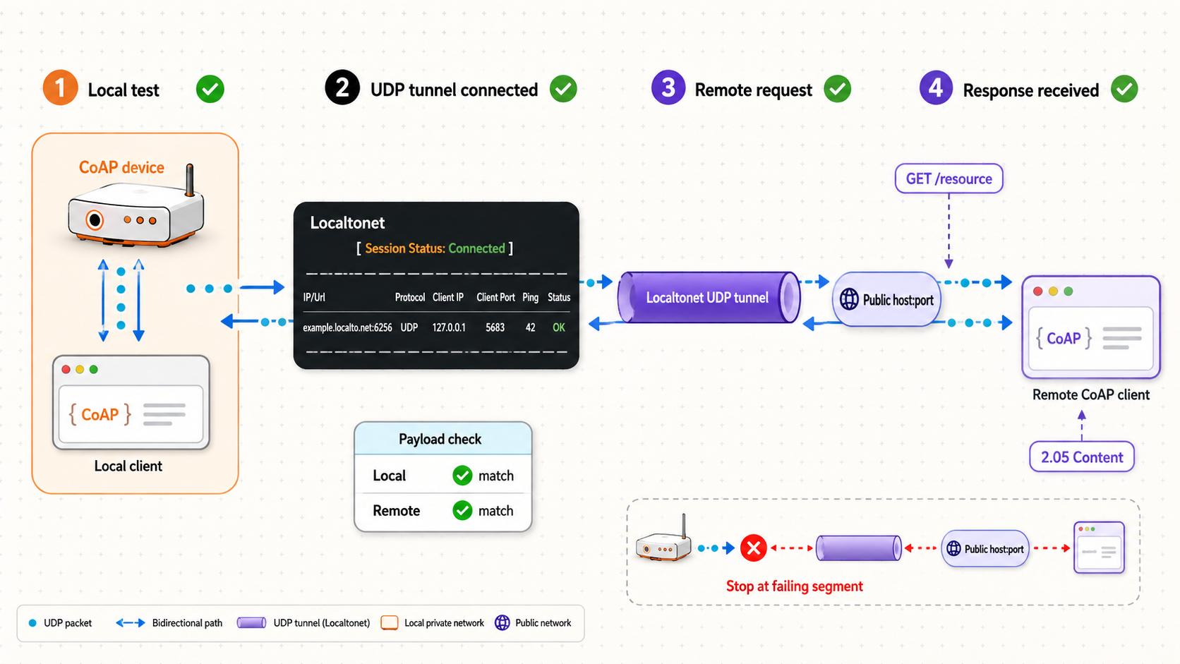 Four-step flow for testing the local service, tunnel, public request, and CoAP response.