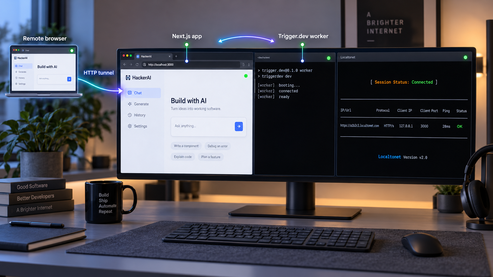 Developer workstation running HackerAI, a Trigger.dev worker, and a Localtonet HTTP tunnel.