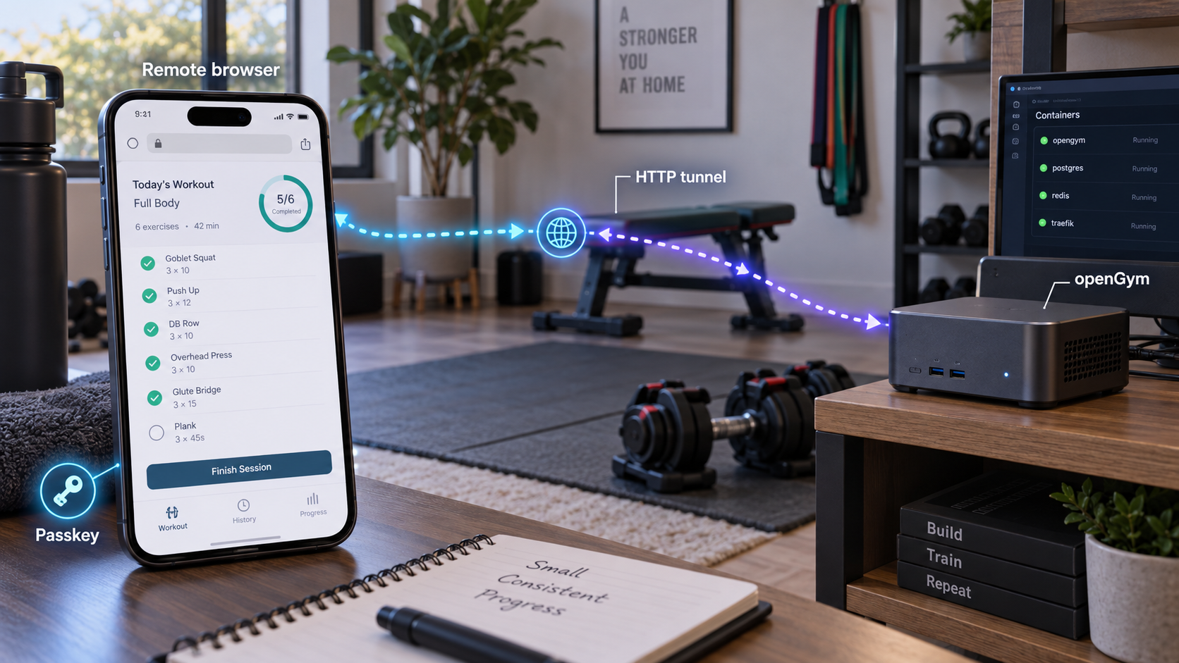 A remote phone connects through an HTTP tunnel to openGym running locally in Docker, with passkey authentication.