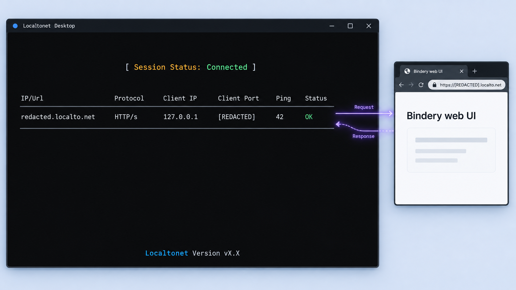 Connected Localtonet HTTP tunnel carrying remote browser traffic to the local Bindery endpoint.